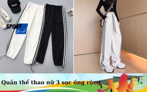 quần thể thao nữ 3 sọc ống rộng