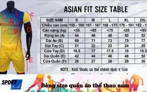Bảng size quần áo thể thao nam