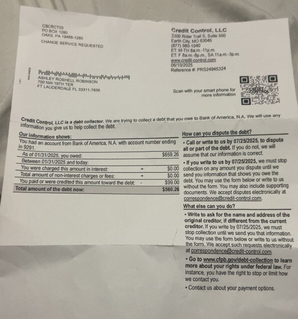 Debt collection notice from Credit Control, LLC for a Bank of America account