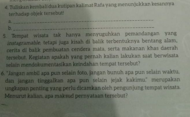 Soal tentang kutipan kalimat Rafa, kegiatan saat berwisata, dan pesan menjaga tempat wisata
