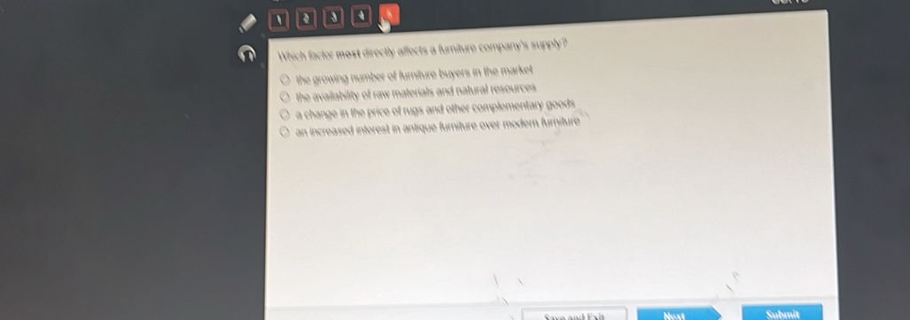 Multiple-choice question asking which factor most directly affects a furniture company's supply, with four answer options listed