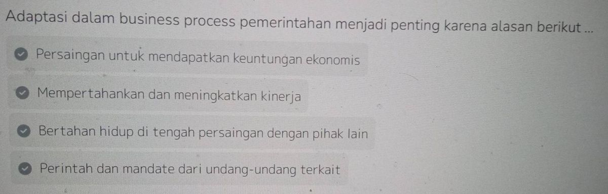 Soal pilihan ganda tentang adaptasi dalam business process pemerintahan beserta empat pilihan jawaban