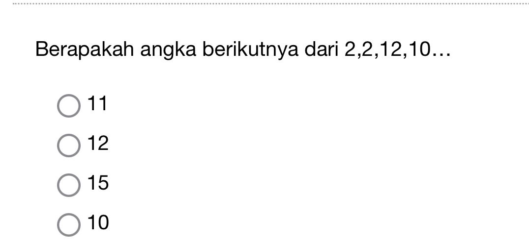 Soal deret angka 2, 2, 12, 10 beserta pilihan jawaban