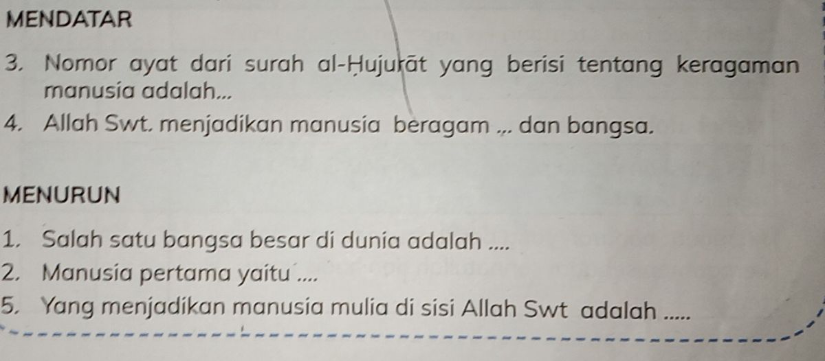 Soal TTS tentang surah Al-Hujurat dan keragaman manusia beserta jawabannya