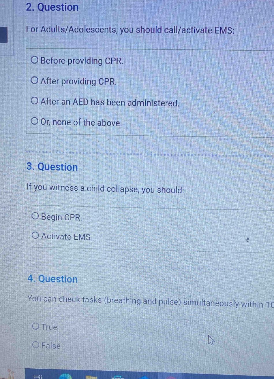 CPR and EMS activation quiz questions for adults, adolescents, and children with answer choices