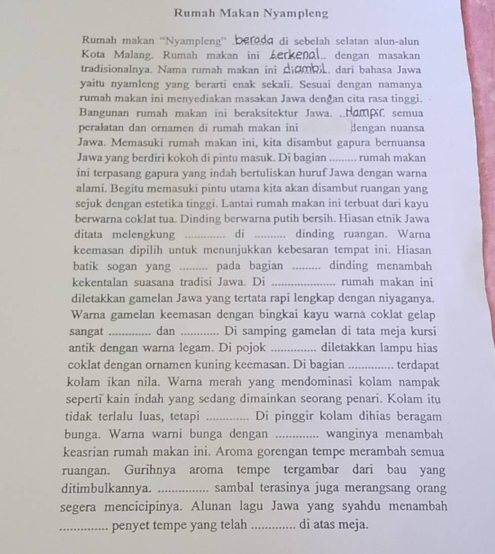 Teks rumpang Rumah Makan Nyampleng di Kota Malang dengan 15 bagian kosong