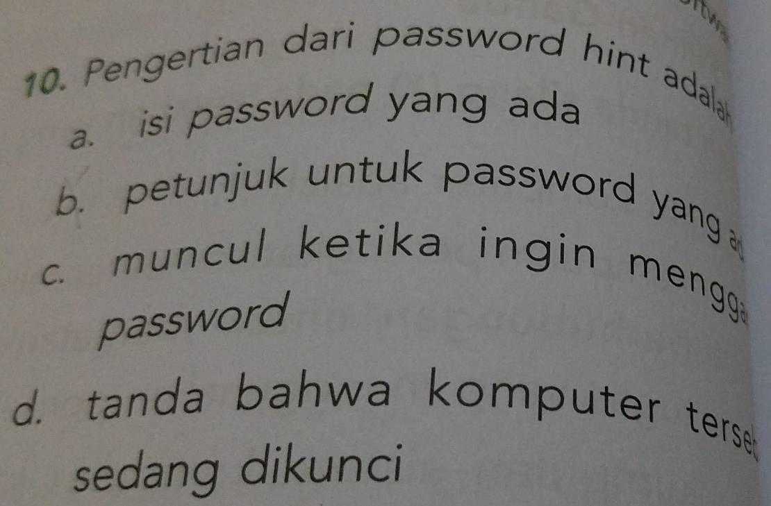 Soal TIK tentang pengertian password hint beserta empat pilihan jawaban